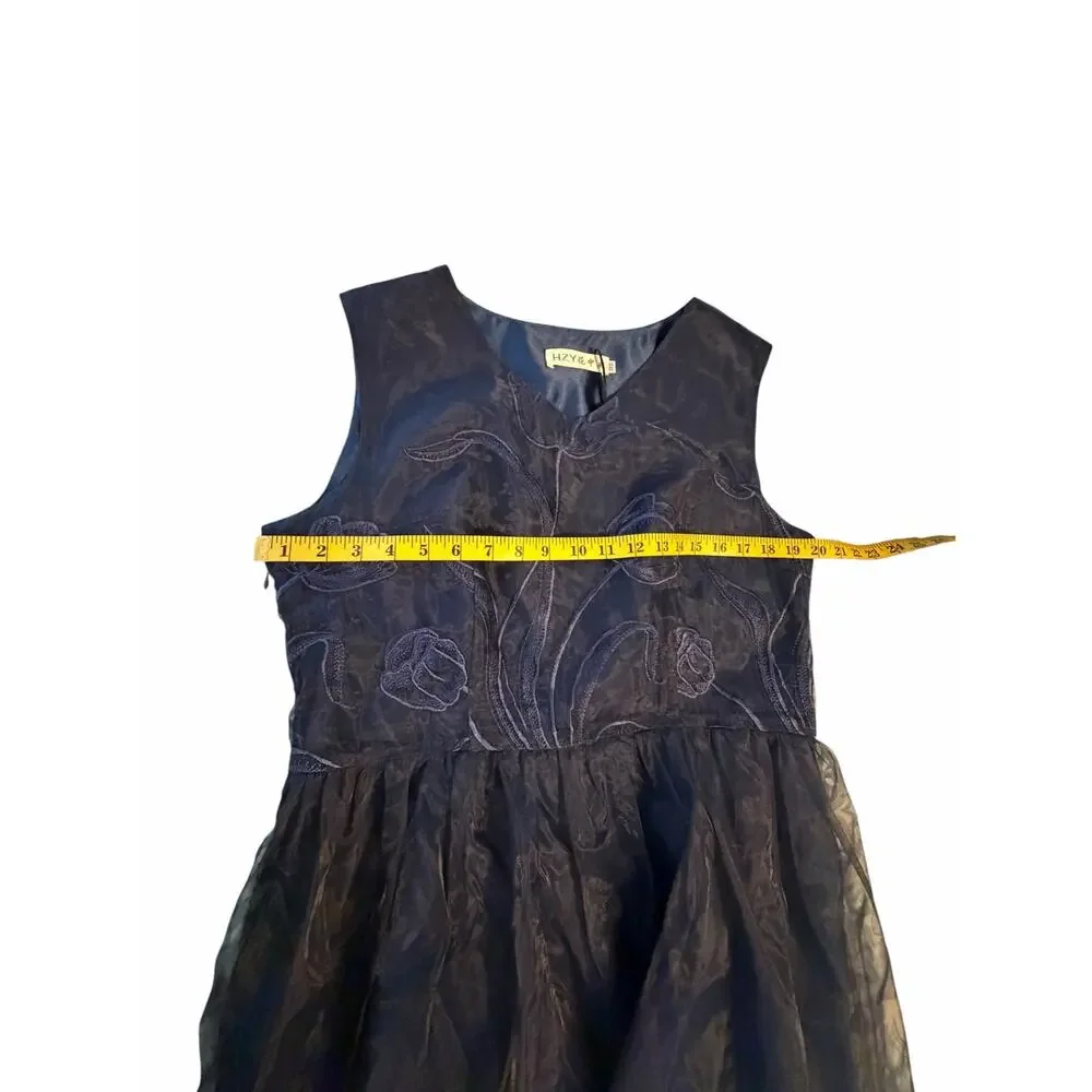 STYLEWE HZY Navy Blue Organza with Emroidered Floral Detail Dress